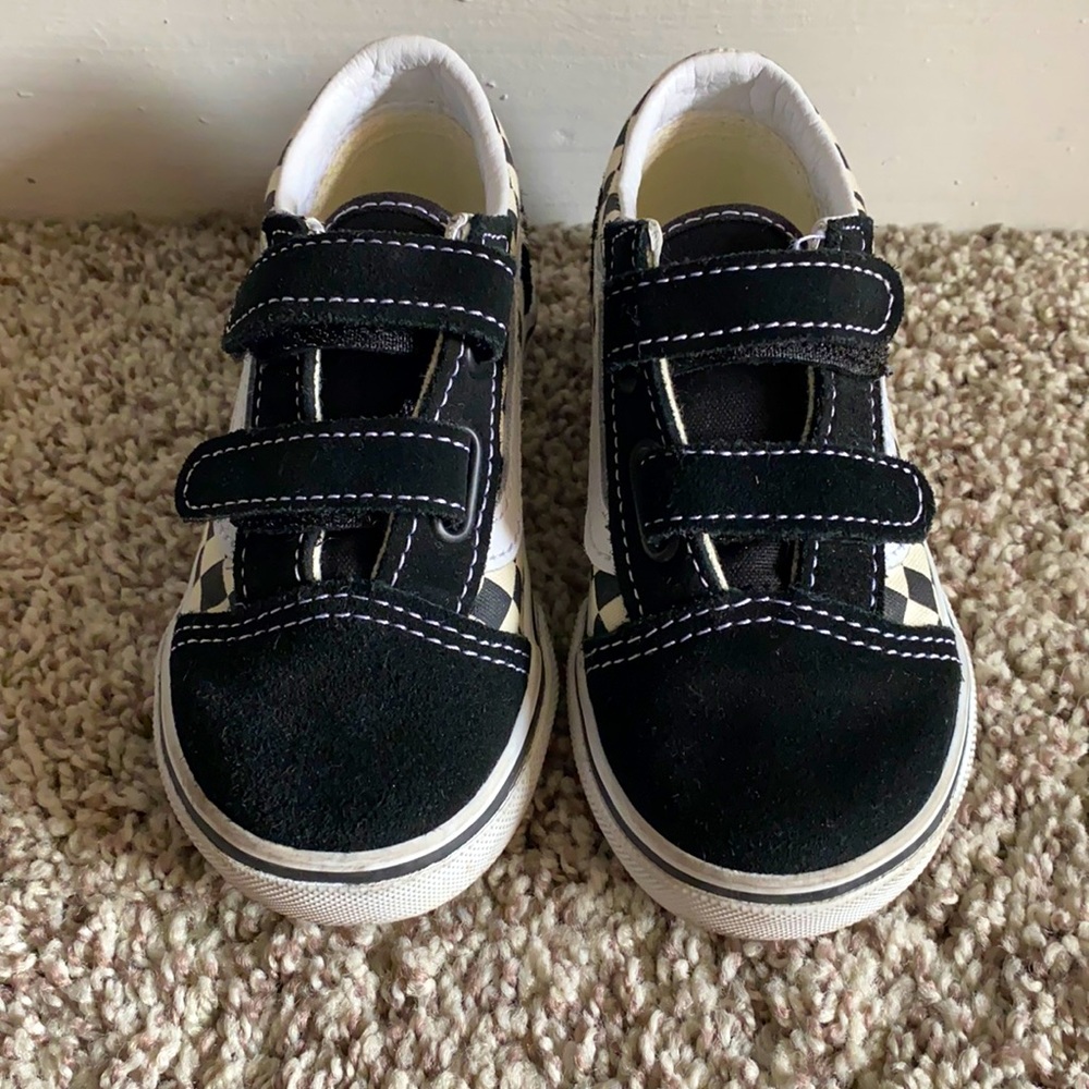 Toddler black and white velcro checkered Vans